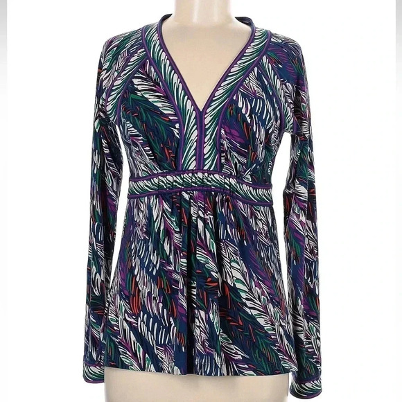 BCBGMAXAZRIA Y2K Jewel Tones Leaf Feather Print Boho Top Blouse Size Medium M - Picture 1 of 5